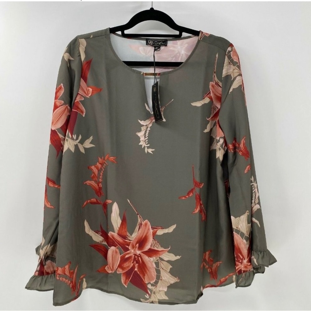 DG2 Diane Gilman floral blouse sz L ruffle sleeve keyhole worn only 1 time